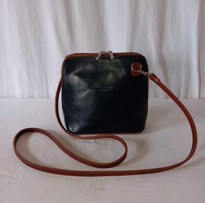 Vera Pelle Italian Leather Navy Blue Cognac Small Crossbody Bag Made in Italy