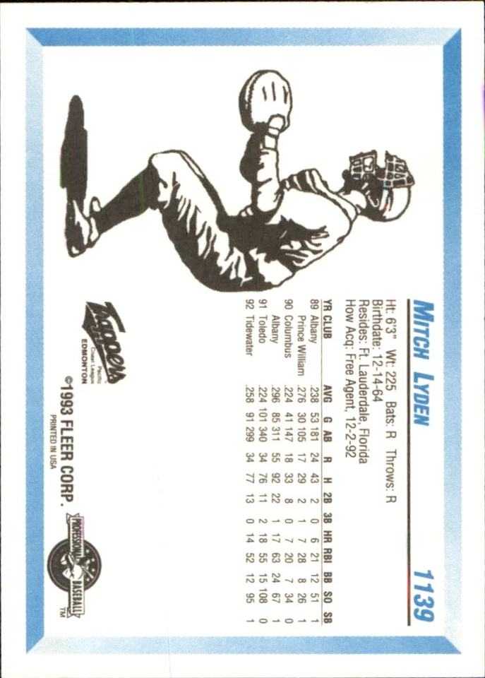 Mitch Lyden 1993 Fleer ProCards #1139 RC Edmonton Trappers *AutographDen* - Image 2 of 2