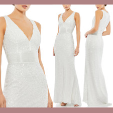 NWT $338 Mac Duggal [ 12 ] Sequin Sleeveless V-Neck Column Gown White #G1980