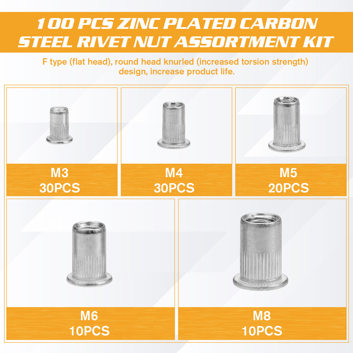 100-Piece Aluminum Rivet Nut Assortment Kit – M3 M4 M5 M6 M8 Threaded Inserts – Metric Nutserts In Storage Case – For Furniture, Auto, Bikes, Electronics