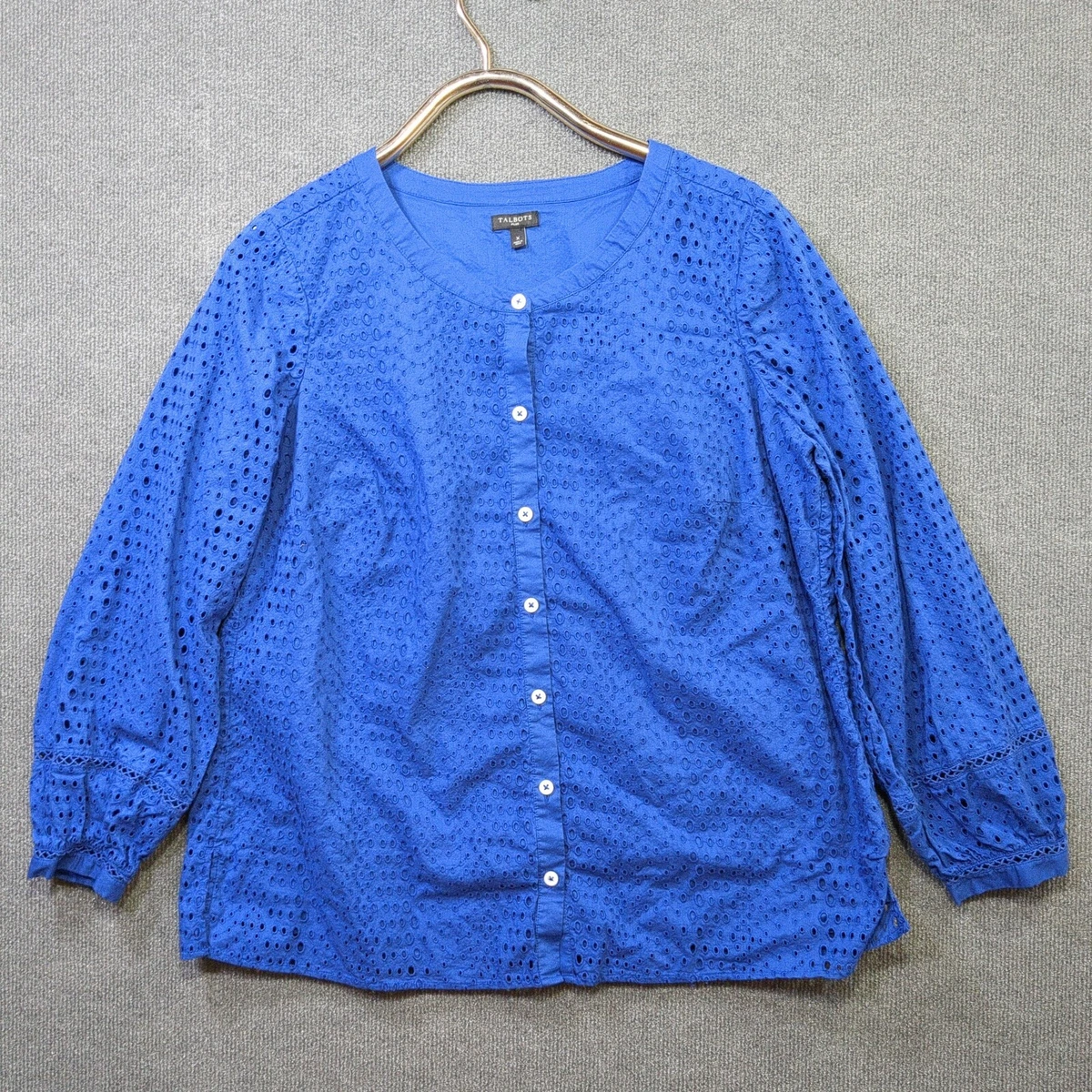 Talbots Plus Eyelet Band Collar Blouse Womens X Blue Top Button Up Cotton  Shirt