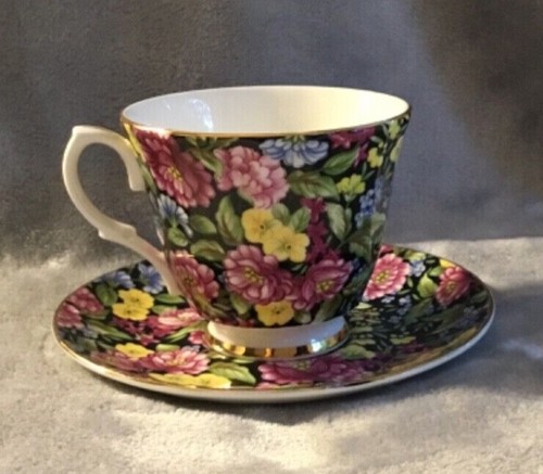 Staffordshire Bethany Cup Saucer Fine Bone China Floral Chintz Gold Trim SALE! - Picture 3 of 13