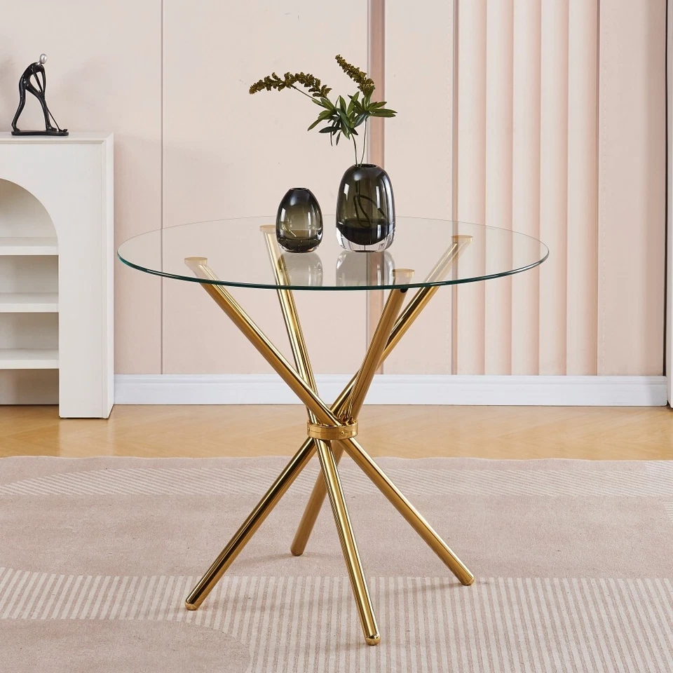 4x Grey Faux Leather Dining Chairs&Round Tempered Glass Golden Legs Dining Table - Image 3 of 4