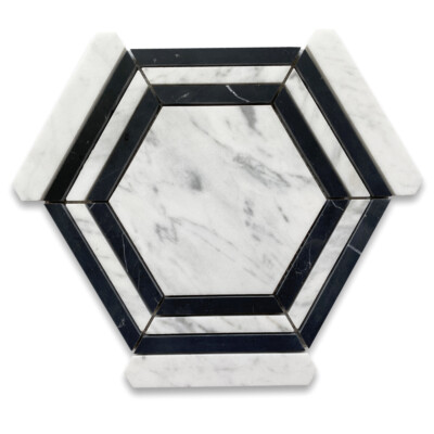 C35AXH Carrara White Marble Hexagon Nero Strip Geometric Mosaic Tile Honed