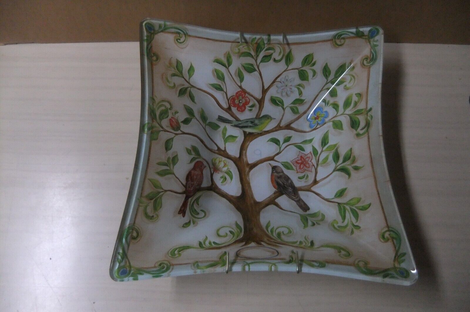 Hanging Plate, Decorative Nature Themed Square Sided, Birds, Trees, Flowers