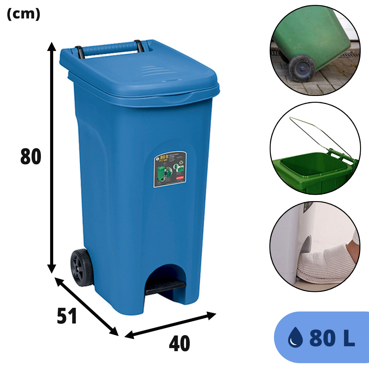 Bidone Per Immondizia Eco System 80 Litri Con Ruote - Colore Azzurro | Per Casa E Giardino - Foto 4