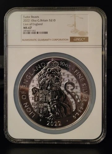 🔥2022 UK Great Britain 10oz silver Tudor Queen's Beast Lion of England NGC MS67