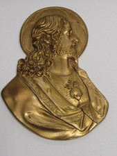 Antique Jesus Sacred Heart Gold Painted High Relief Metal Wall Plaque Dated 1924