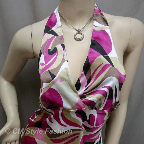Sexy Halter Cravatta Schiena Raso Setoso Schiena Nuda Top Multicolore S~M - Foto 2 di 4