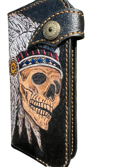 Indian Skull Biker Long Wallet, Native American, Hand- Leather 