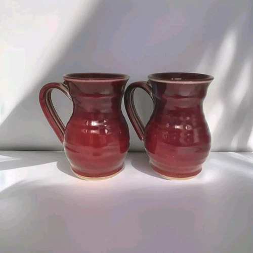 Vtg? Studio Art Pottery Handled Glazed Mugs Red Maroon Blue Hue Set of 2 Signed