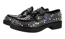 PRADA Leather Chocolate Swarovski Sparkle Loafer Shoes NEW