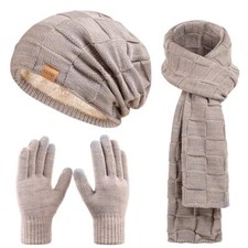 Beanie Hat Scarf Touchscreen Gloves Set for Men and Women, Fleece Lined Warm Top