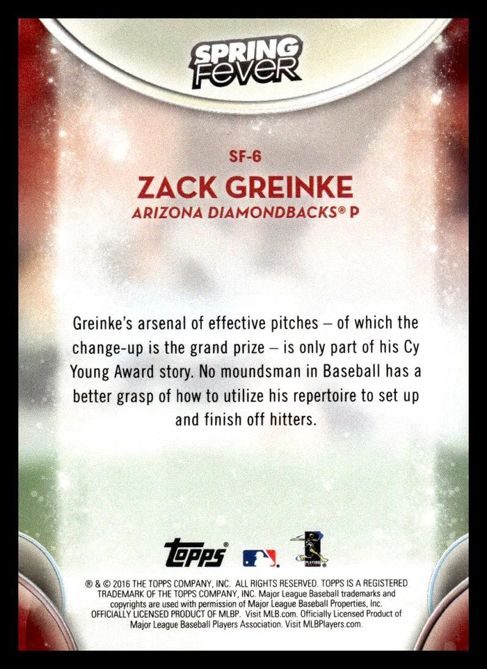 2016 Topps Spring Fever #SF-6 Zack Greinke Arizona Diamondbacks - Image 2 of 2