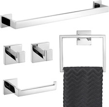 Polished Chrome 5-Piece Bathroom Hardware Set with Towel Bar, Hooks  Ring