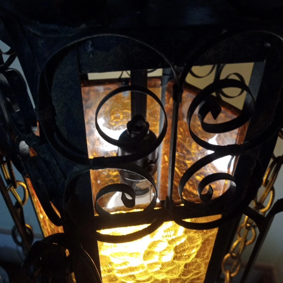 vtg Spanish gothi revival wrought iron Filigree chandelier amber Bumpy glass 27" - Image 4 of 4