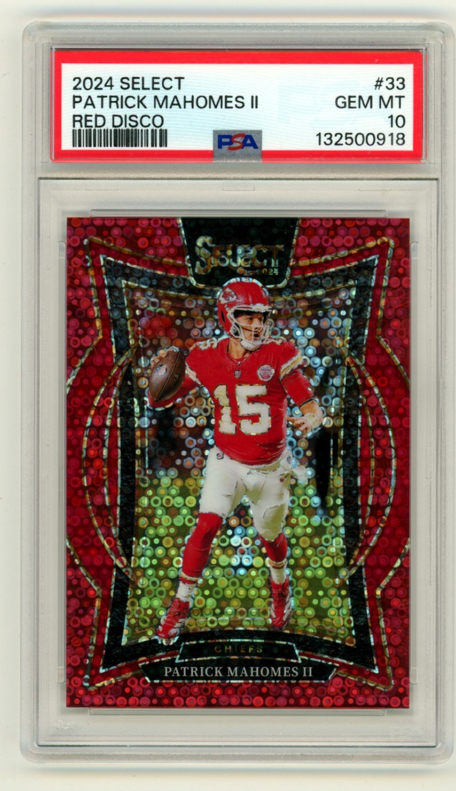 Patrick Mahomes II 2024 Panini Select #33 Red Disco Prizm #12/49 PSA 10 Chiefs