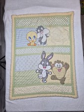 Vintage Looney Tunes Baby Crib Blanket Quilt Tweety Bird Double Sided Stains