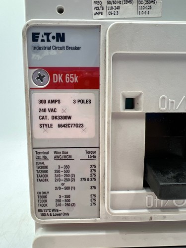 Eaton DK3300W Circuit Breaker 300A 3P 240V 3PH Bolt on 300 Amp 3 Pole - Picture 2 of 7