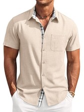 Mens Short Sleeve Shirt Button Down Casual Summer Linen Beach Shirts Vacation...