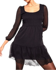 Old Navy Tiered Eyelet Dress L Black Smocked Sheer Sleeves Whimsigoth Witchy LBD