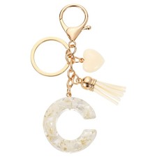 Initial Letter Keychains, Resin Cute Pendant with Heart  Tassel, White-C