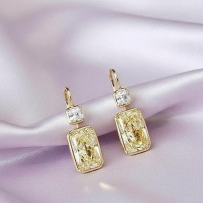 Yellow Citrine & CREATED Women's Earrings Gift For Her Handmade 14K Gold Plated