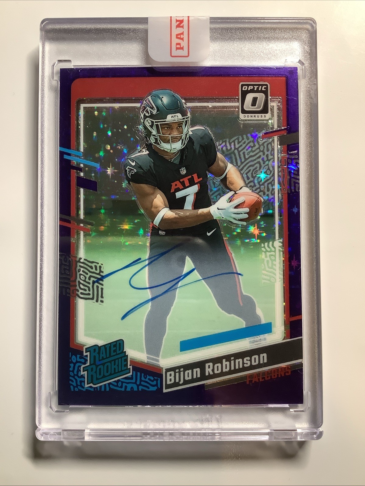 2023 Donruss Optic Bijan Robinson Rated Rookie Auto Purple Stars RC #10/50 ATL