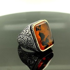Silver Mens Handmade Square Amber Stone Ring