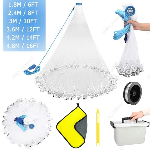 8/10/12/14/16FT Fishing Cast Net Bait Easy Throw Hand Cast Strong Nylon Mesh USA