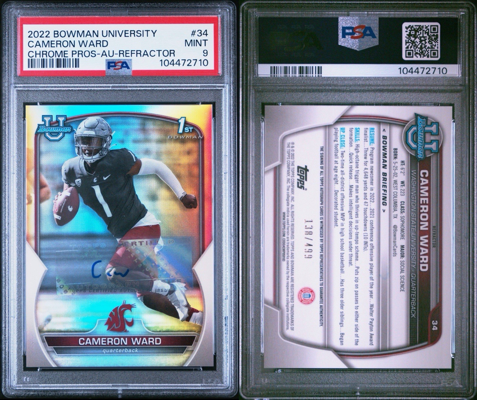 Cameron Cam Ward 2022 Bowman U Chrome #34 1st Refractor Auto /499 PSA 9 Rookie