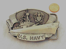 US Navy 3D Belt Buckle Ship Eagle Flag Vtg 81 Bergamot Brass Works USA Silver