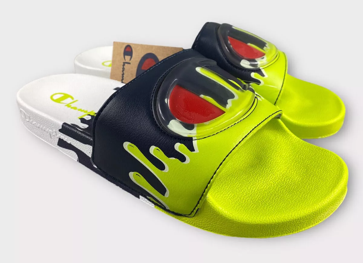 NEW Champion IPO Drip Mens Slides Sandals Logo Slip On White Green