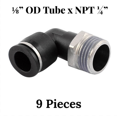 9pc 1/8'' OD Tube X 1/4'' NPT Pneumatic Male Elbow, Push To Connect Air Fitting