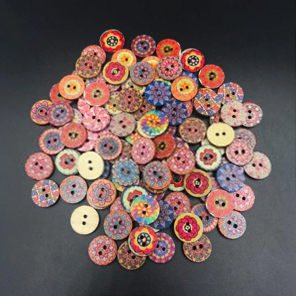 100pcs 2 Holes Mixed Boho Flower Wooden Button Sewing Scrapbooking DIY Craft - Image 3 of 4