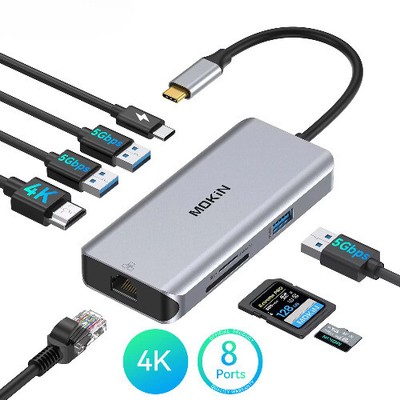 8 in 1 USB C HUB to HDMI Adapter with USB3.0 1000Mbs RJ45 SD/Micro SD PD 100W 