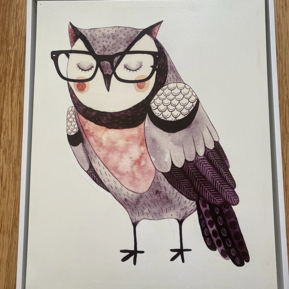 Folk Art Owl With Glasses Acrylic 60's 70's Whimsical 24 x 18 Stretched Canvas - Image 3 of 4