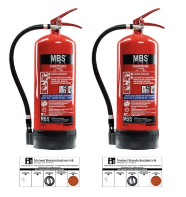 MBS-FIRE® 2x 6l Schaum Feuerlöscher inkl. Plakette 27A = 9LE Schaumlöscher mit Manometer