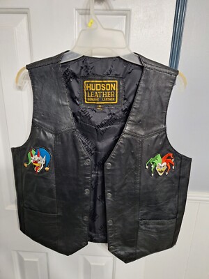Hudson Leather Womens Black Sleeveless Pockets Vest Size Medium + Patches 