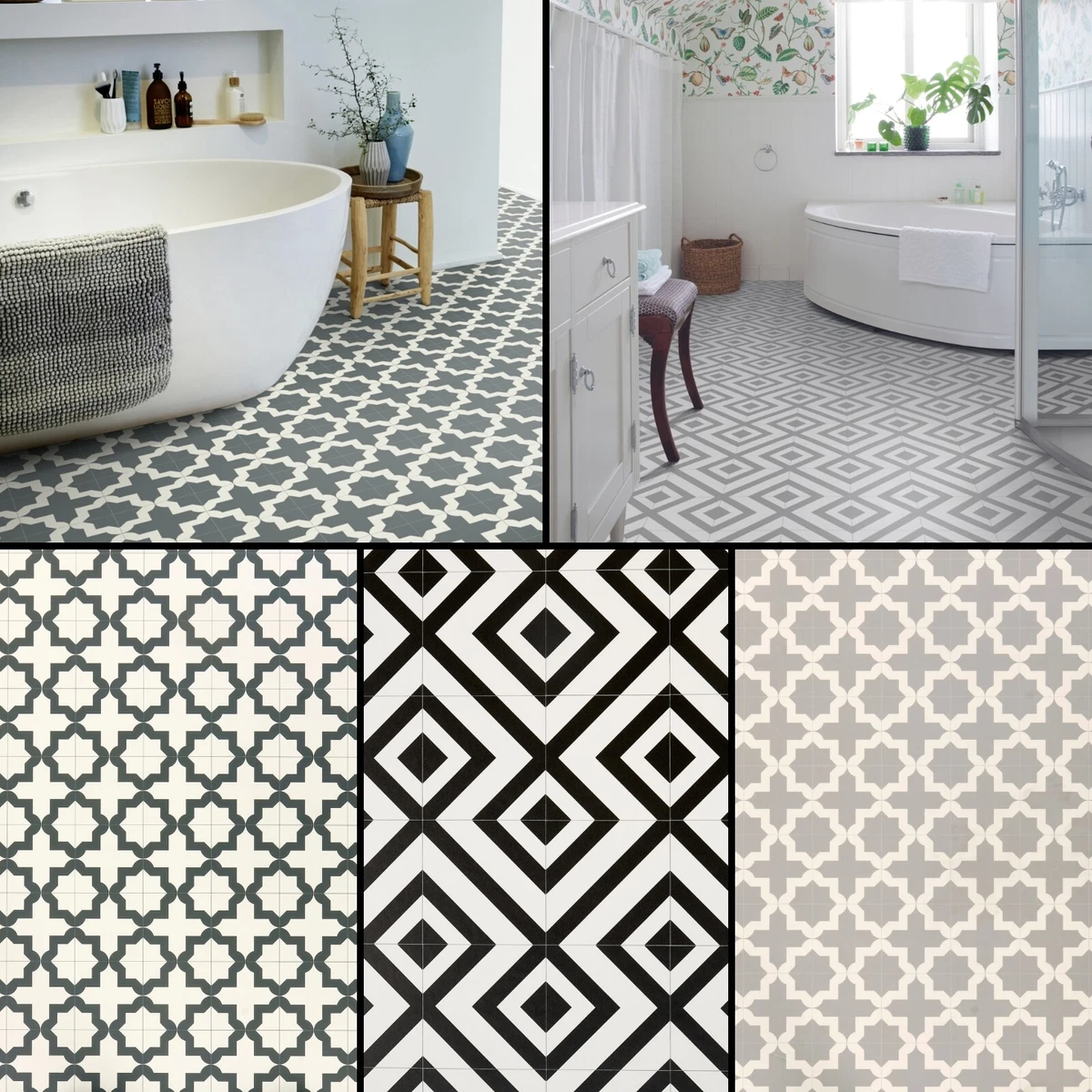 Geometric Tile Effect Cushion Sheet Vinyl Flooring Kitchen Bathroom Lino Roll