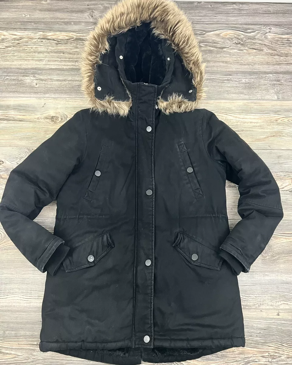 Garage Women s Parka Jacket Black Coat Faux Fur Trimmed Hood Lined
