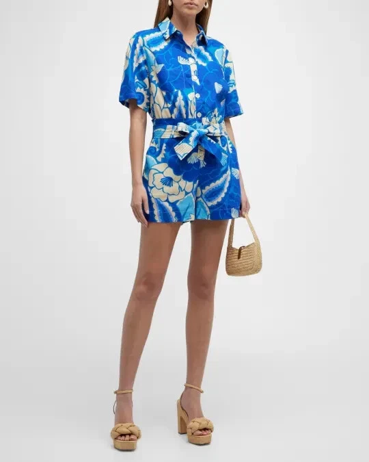 Macacão FARM RIO azul branco floral tropical groover mistura de linho L 12/14 - Imagem 3 de 4