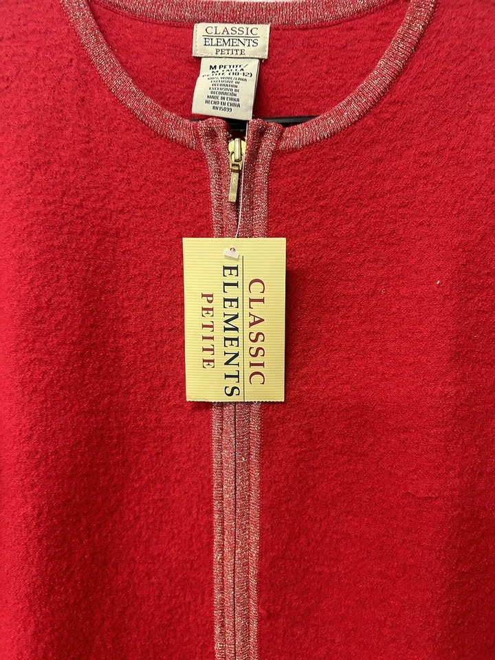 Classic Elements NWT Red Zip Sweater Jacket M Petite 100% Wool Sparkle - Image 2 of 4