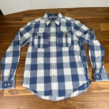Eddie Bauer Men Size S Blue Check Button Up Shirt Long Sleeve Pockets Slim Fit