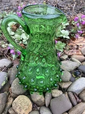 Vintage Hobnail Green Hand Blown Glass Pitcher Mid Century Modern 6”