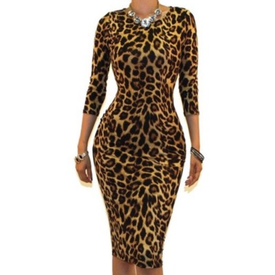 Womens Leopard Print Sexy 3/4 Sleeve Bodycon Party Cocktail Dress SMALL ...