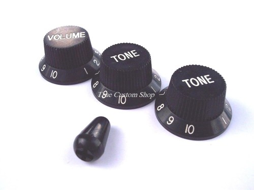 True Custom Shop® Black Knobs & Switch Tip Set for Fender Strat 1 Volume 2 Tone
