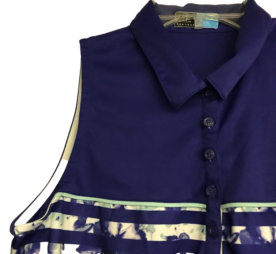 PGA Tour Women's Golf Tank Medium Blue Floral Stripe Sleeveless Pullover Polo - Image 2 of 4