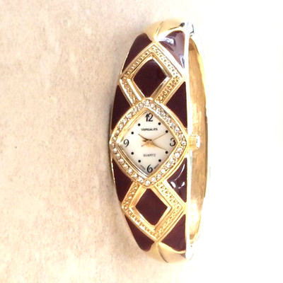Versailles Women's Bangle Watch Burgundy & Gold Crystal Diamond Shaped Dial New!