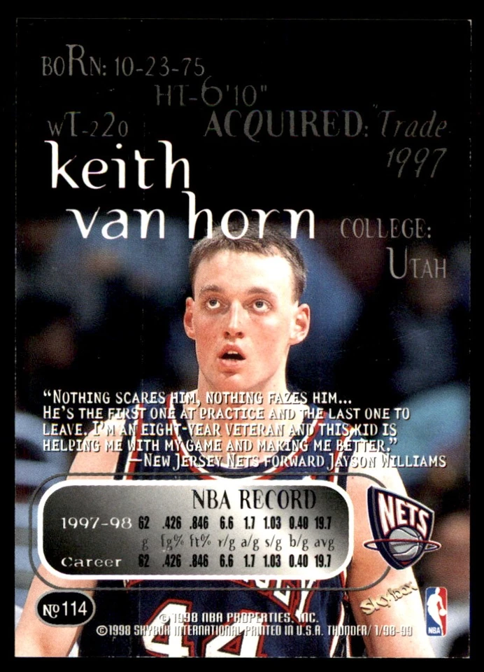 Keith Van Horn 1998-99 SkyBox Thunder #114 Nets NBA READ FREE SHIP AutographDen - Image 2 of 2